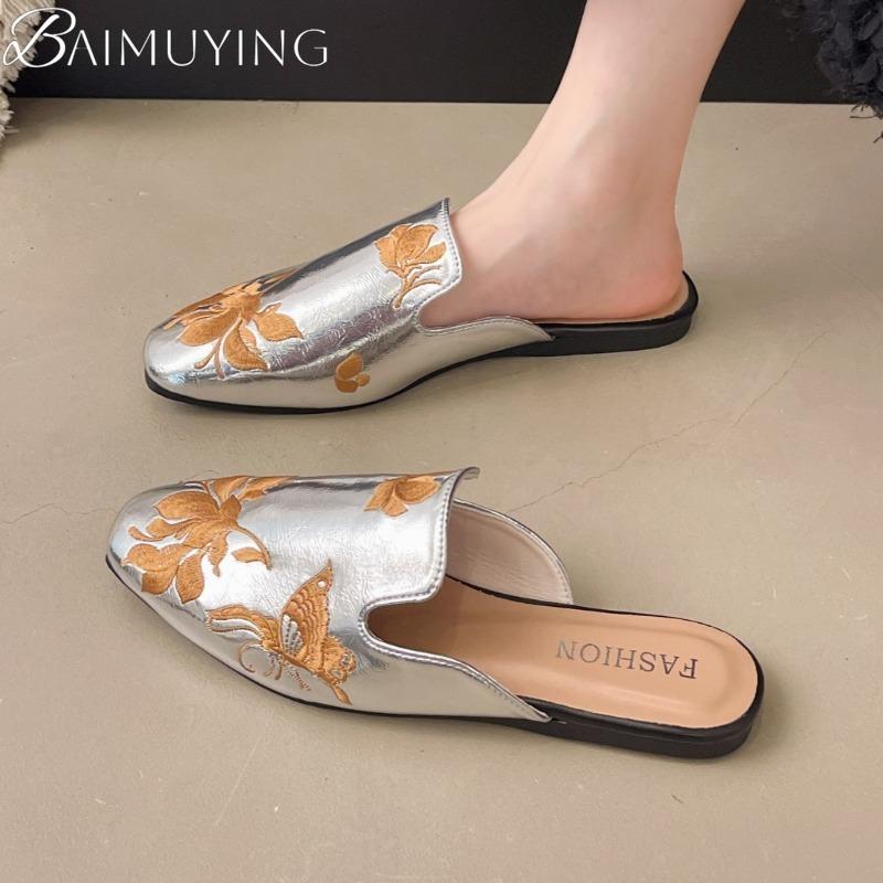 Mode Damen Hausschuhe Flache Sandalen Quadratische Zehen Loafer Schuhe Frau Pantoletten 2025 Trend Sommer Weiches Leder Flach Weiche Sohle Sandalen