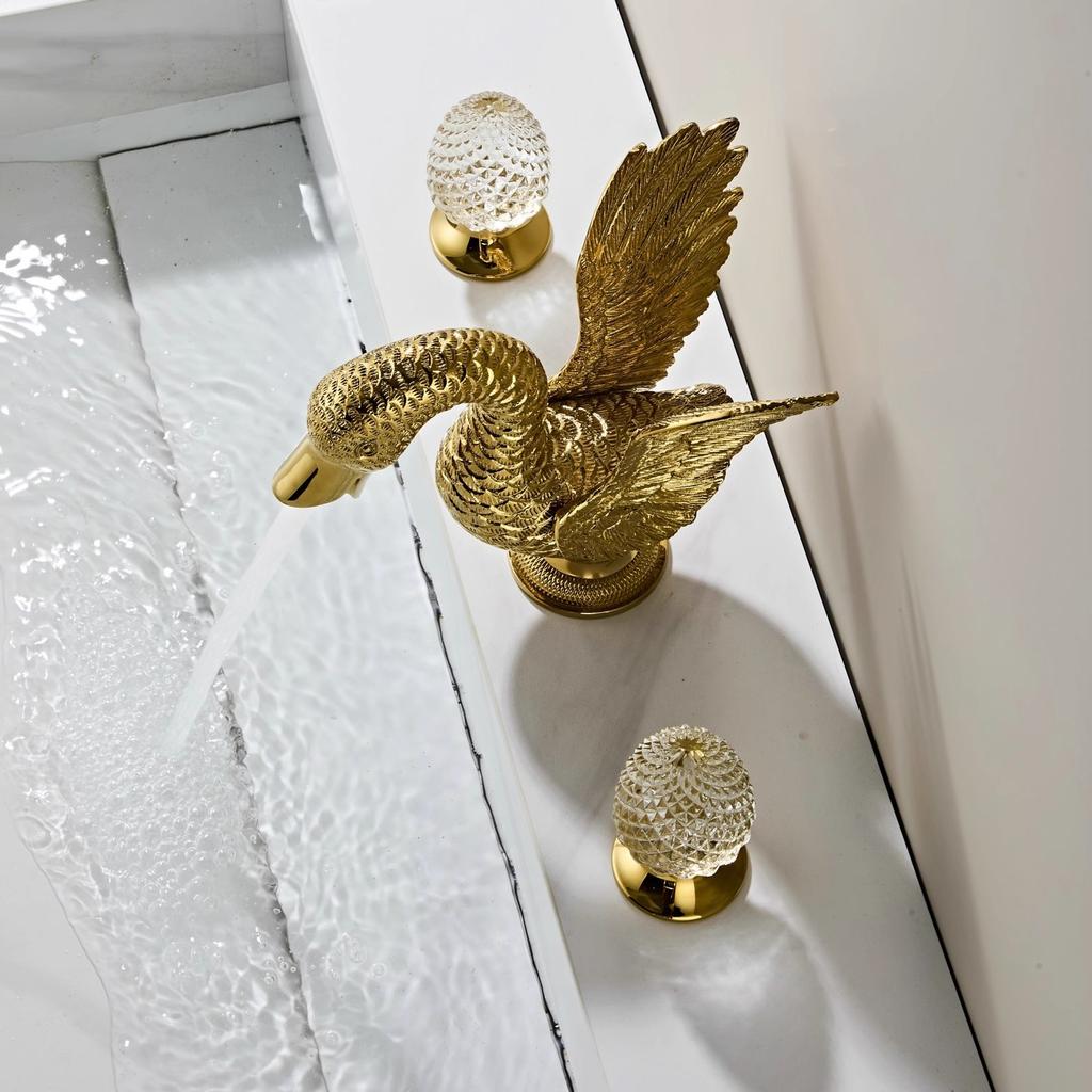 Tuqiu Gold Swan Bathroom Faucet Widespread Sink Tap Brass Basin Faucet Sink Faucet Antique Crystal Handle Hot & Cold Water Tap