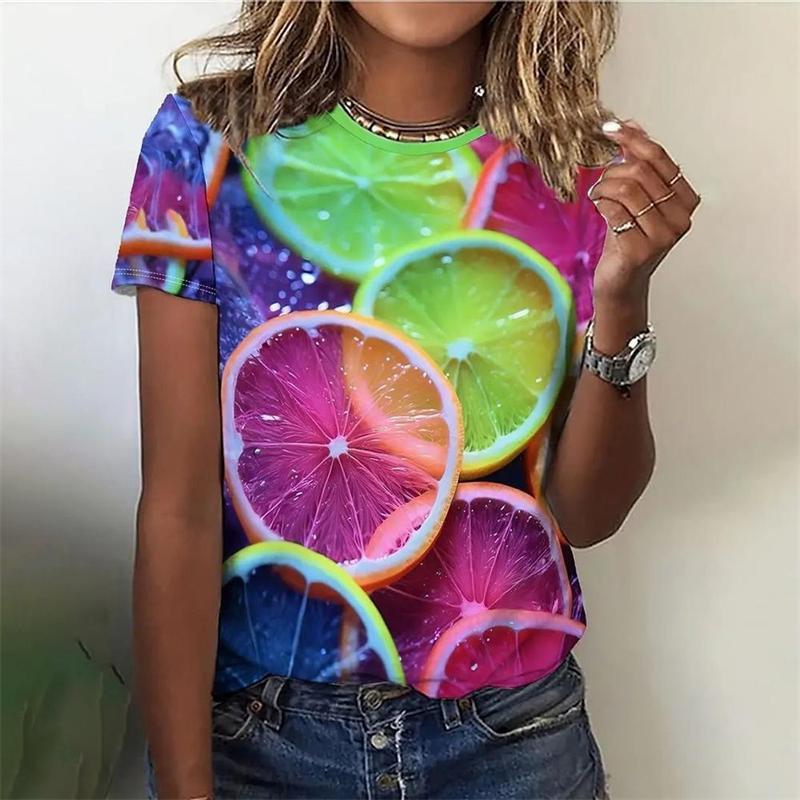 Summer Round Neck 3D Fruit Print Top Fashionable Casual Short Sleeved Women's T-shirts