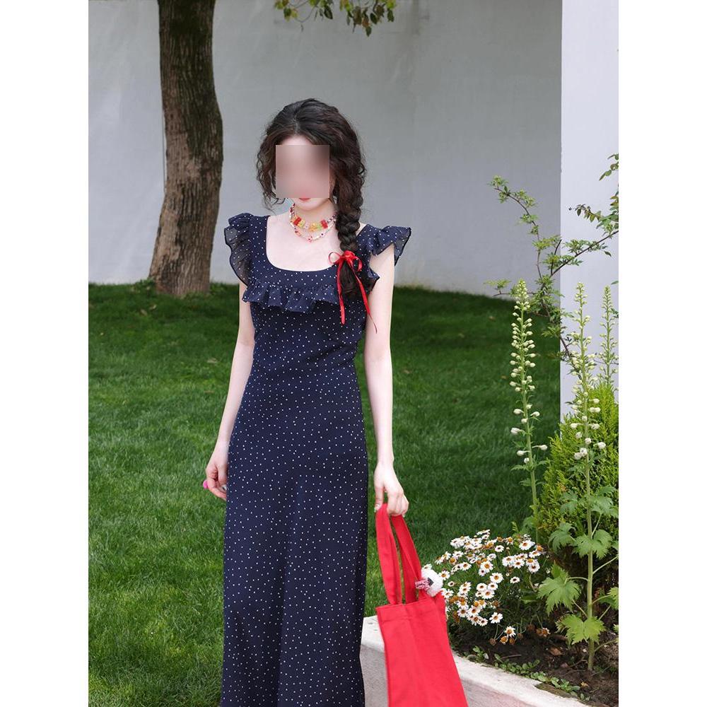 Xi Family Small Romantic Small Flying Sleeve Dress Women's Summer Waist Skinny Polka Dot Lotus Leaf Edge Long Skirt