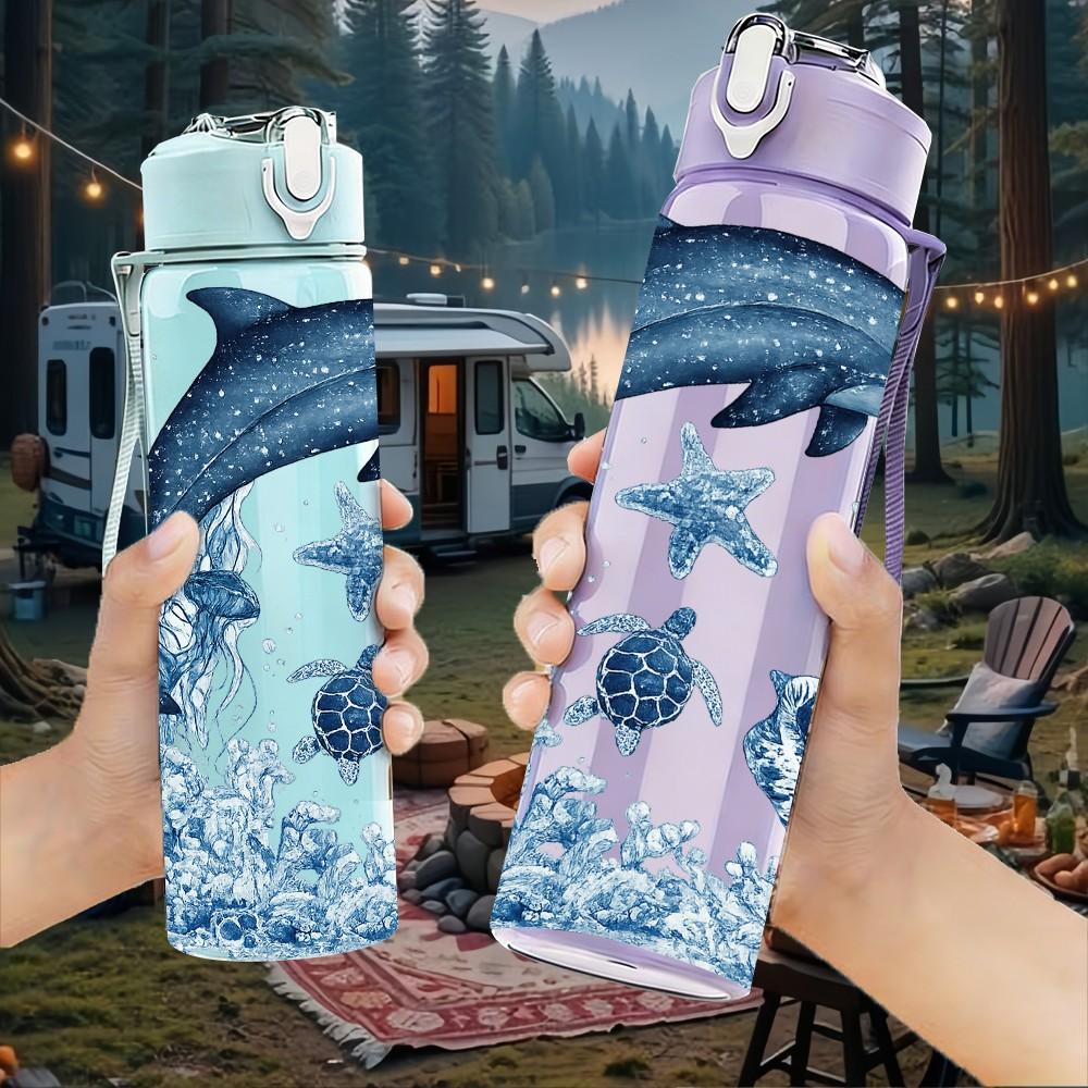 1PC Dolphin Seastar Ocean Wave Print 750ml Color Plastic Sports Water Bottle Leakproof Flip Straw Lid Suitable for Sports Office Home Use