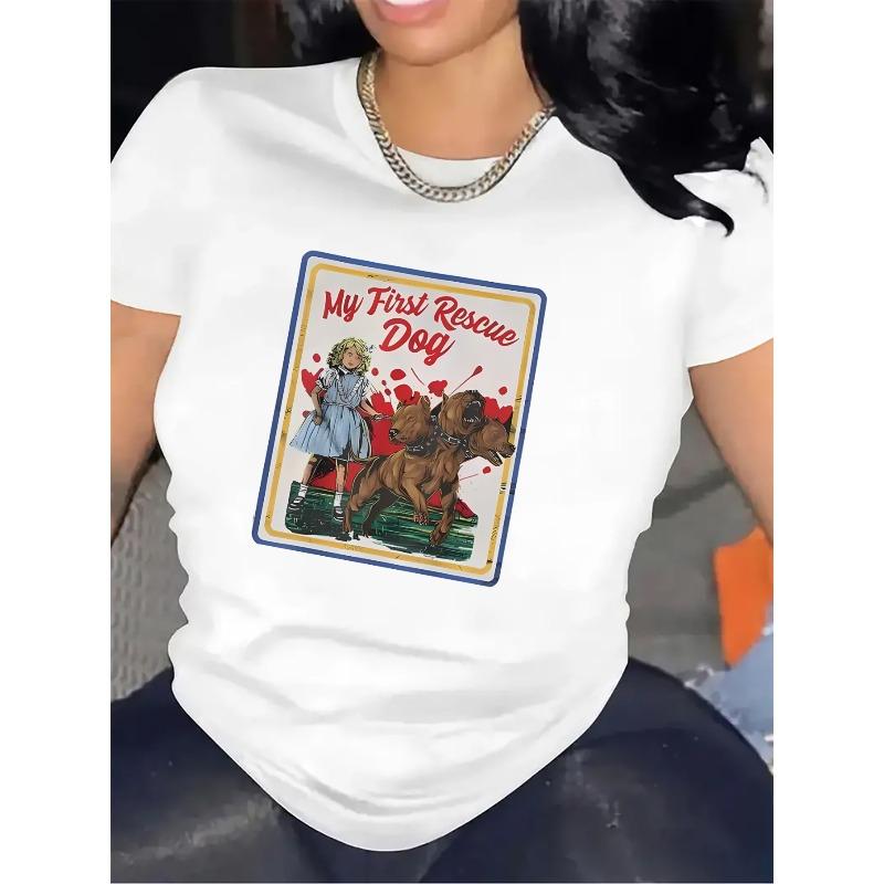 

European sizes Women s Black Short Sleeve T-Shirt with My First Rescue Dog & Pet Rescue Slogan - Cute Dog & Rescue Graphic S белый