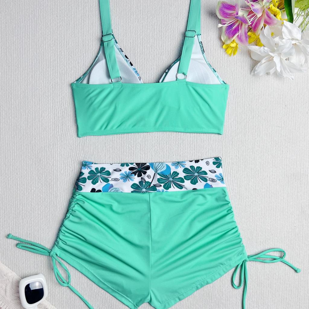 Print Top Two Piece High Waist Drawstring Boyshorts Bikini Set Elegant