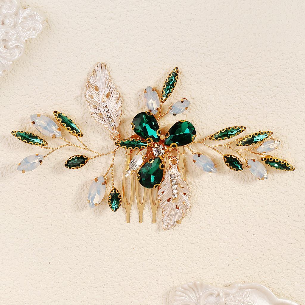 Retro Alloy Rhinestone Plug Comb Handmade Leaf Green Crystal Headdress Antique Hanfu Jewelry Bridal Hair Comb