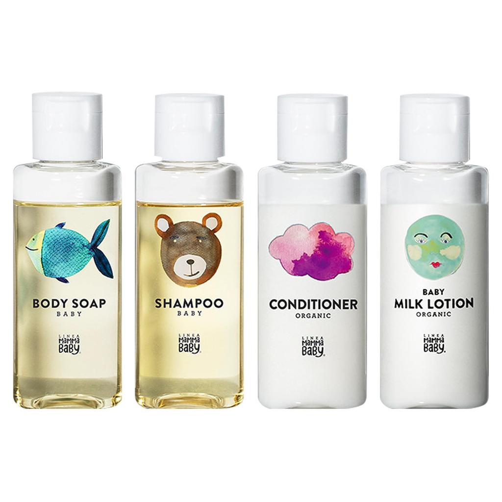Mama Baby Travel Set Body Baby and Milk Lotion Sensitive X 4 (Travel/Trial) Soap, Shampoo, Conditioner, [Additive-Free, Organic, Skin] (30mL Bottles)