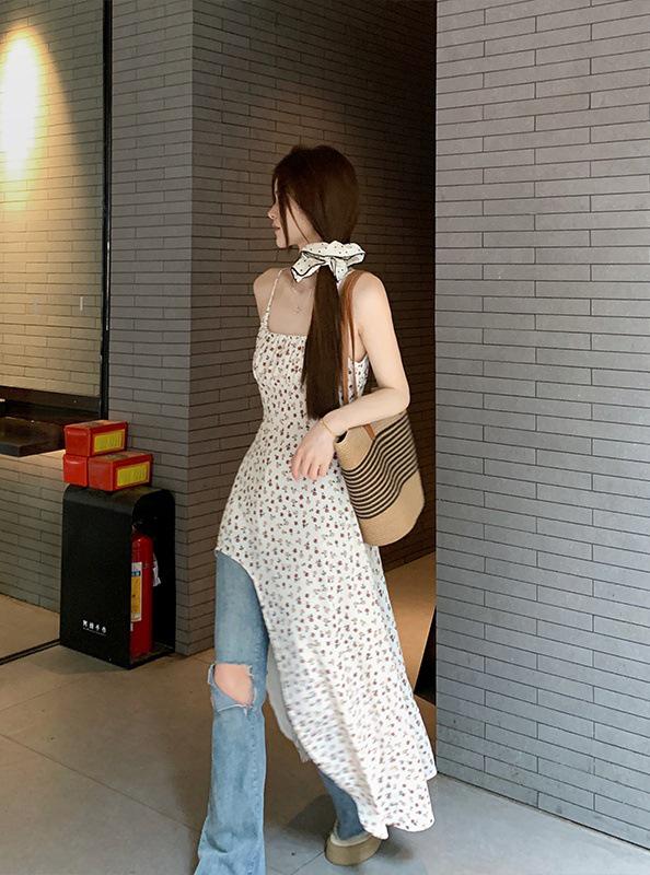 Plus Size Irregular Floral Sling Dress - Elegant Waist-Cinched Layered Long Summer Dress for Women