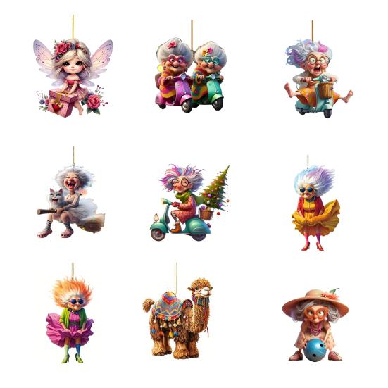 Akryl Bil Bakspeil Sjarm Fe Prinsesse/Gammel Dame Julepynt 2D Flat Auto Hengepynt til Juletre Bildekor