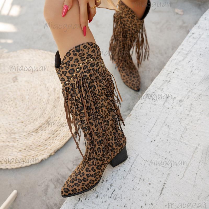 Fashion Western Leopard Fringed Riding Boots Women 2025 Autumn Sexy Pointed Toe High Heel Cowgirls Boots Fashion Knee-High Booties