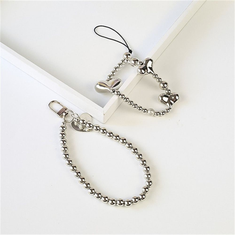 Silver Color Cell Phone Straps Phone Beaded Rope Silver Heart Phone Lanyard Heart Phone Charms
