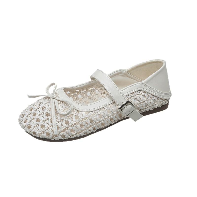 Woven hollow breathable explosion shallow mouth single shoes women's one-word buckle versatile niche fashion Mary Jane shoes