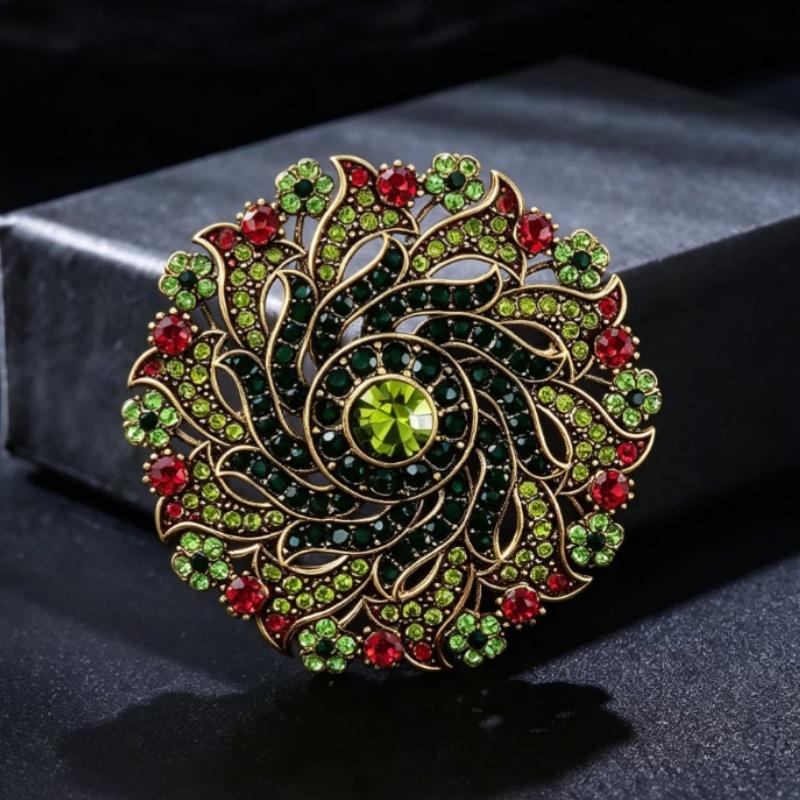 Vintage Antique Bronze Brooch Sparkling Green Rhinestone Floral Design For Wedding Evening Party Daily Outfits Decoration