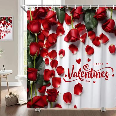 Alla hjärtans dag Duschdraperi, Rosblomma Hjärta Romantisk Växt Kärlek Läppstift Polyester Tryckt Tyg Badrumsdekoration