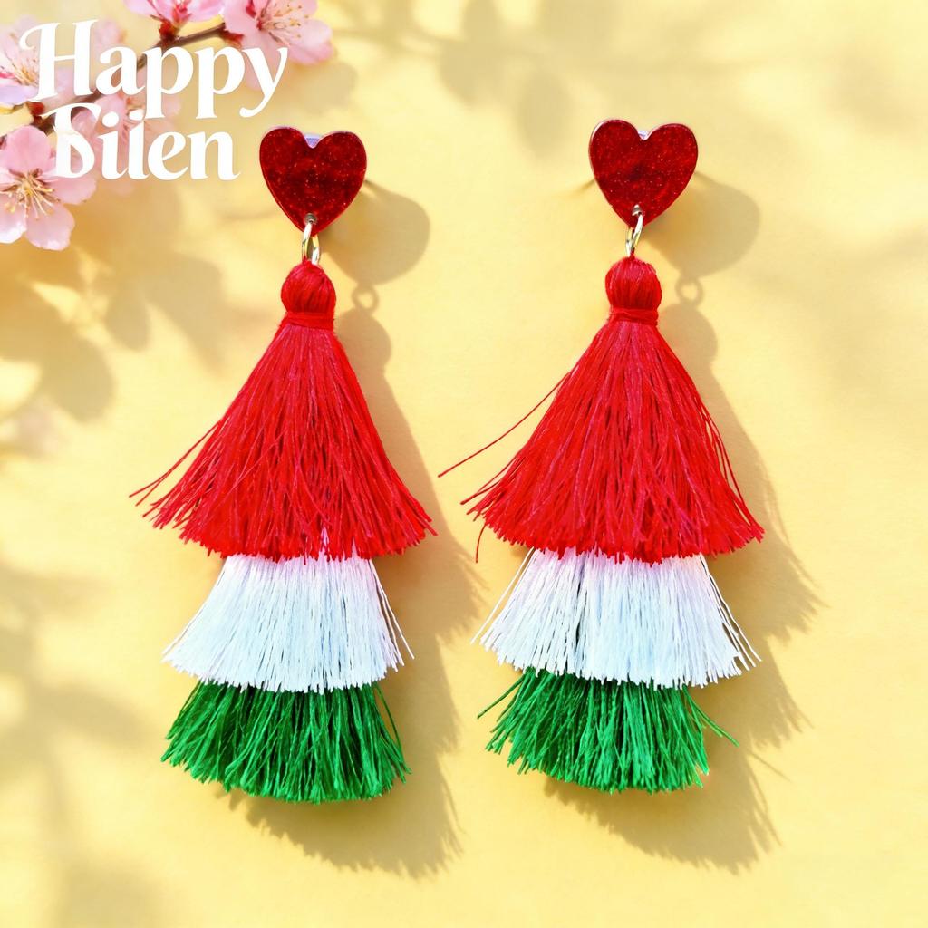 New Multi-Layer Tassel Pendant Women's Earrings In Red, White, and Green - Tower Style Stud Fashion Accessories.