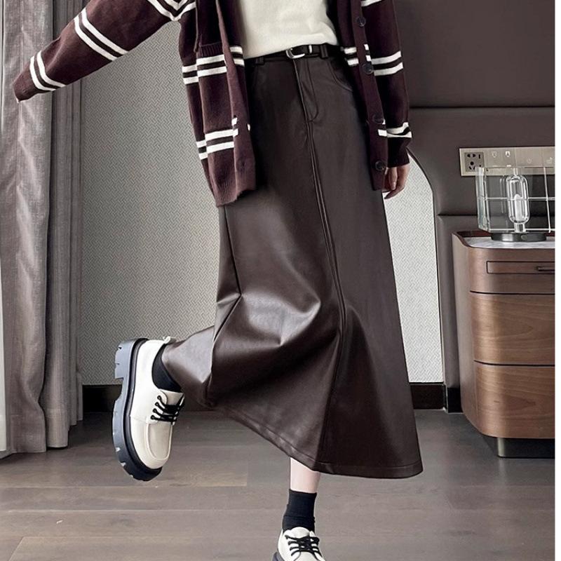 Saia de couro rachado saia feminina outono figura em forma de pêra saia longa envolta em pu cintura alta saia reta