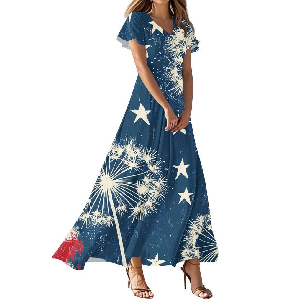 Women's Independence Day Printed Casual Fashion Dresses V-Neck Short Sleeve Dresses
