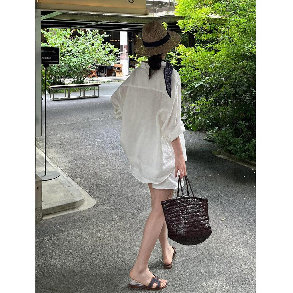 White Sunscreen Shirt with Elastic Waist Shorts, Summer Thin Old Money Style Wear, Linen Women's Cotton and Linen Suit