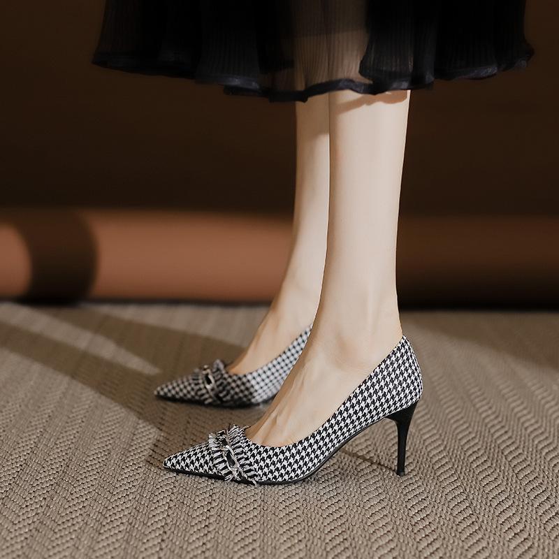 Huizhou Spring Thousand Bird Grid Shoes Spring Women's High Heels Women's Fine Heels High-end Leather Single Shoes Women