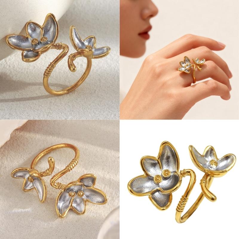 Double Color Floral Adjustable Finger Ring 18K Gold Plated Stainless Steel Fashion Accessory Artistic Open Band Ring