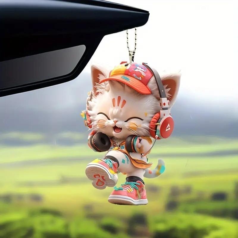 Cute Listening To Music Colorful Cat Pattern, Acrylic Pendant For Fun Vehicle Accessory