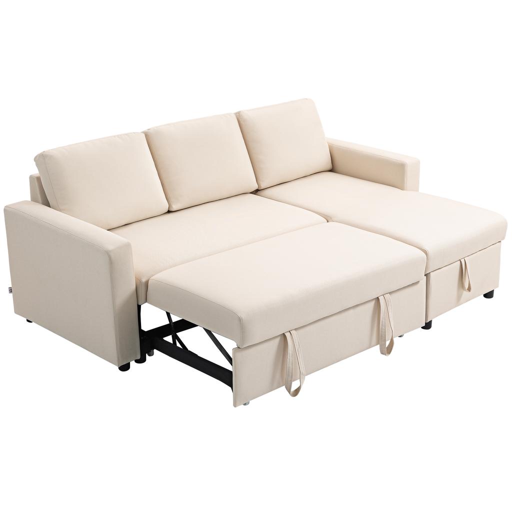 Divano angolare modulare convertibile con chaise longue reversibile, contenitore e 3 cuscini schienale, color crema