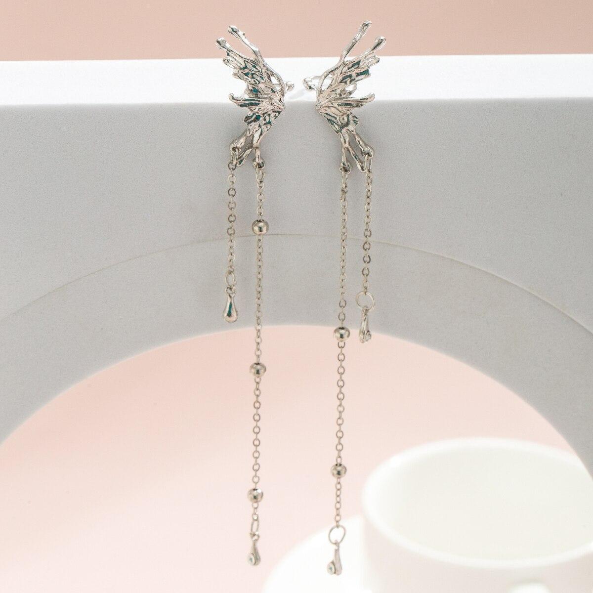 

1Pair Elegant Elf Butterfly Long Tassel Clip Earrings for Women Wed Bridal Retro Kpop No Piercing Earbone Ear Cuff Jewelry Gift pair