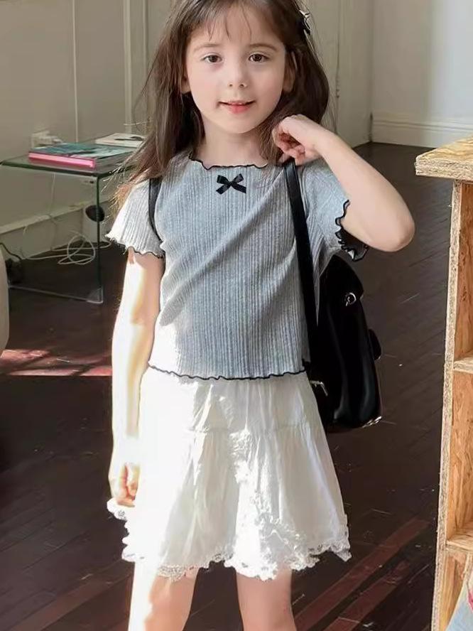 Girls' Ice Silk Ruffle Bow Top - Korean Style Short Sleeve Summer Fashion