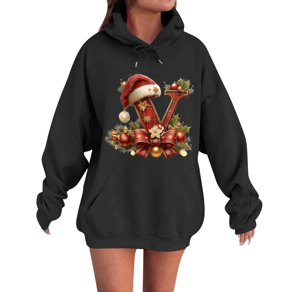 Women's Casual Comfortable Long-Sleeved Christmas Letter-Printed Warm Hooded Crew-Neck Sweatshirt