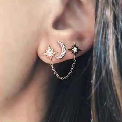 2Pcs/Set Moon Star Chain Stud Earrings 3 Ear Holes Women Jewelry AVE