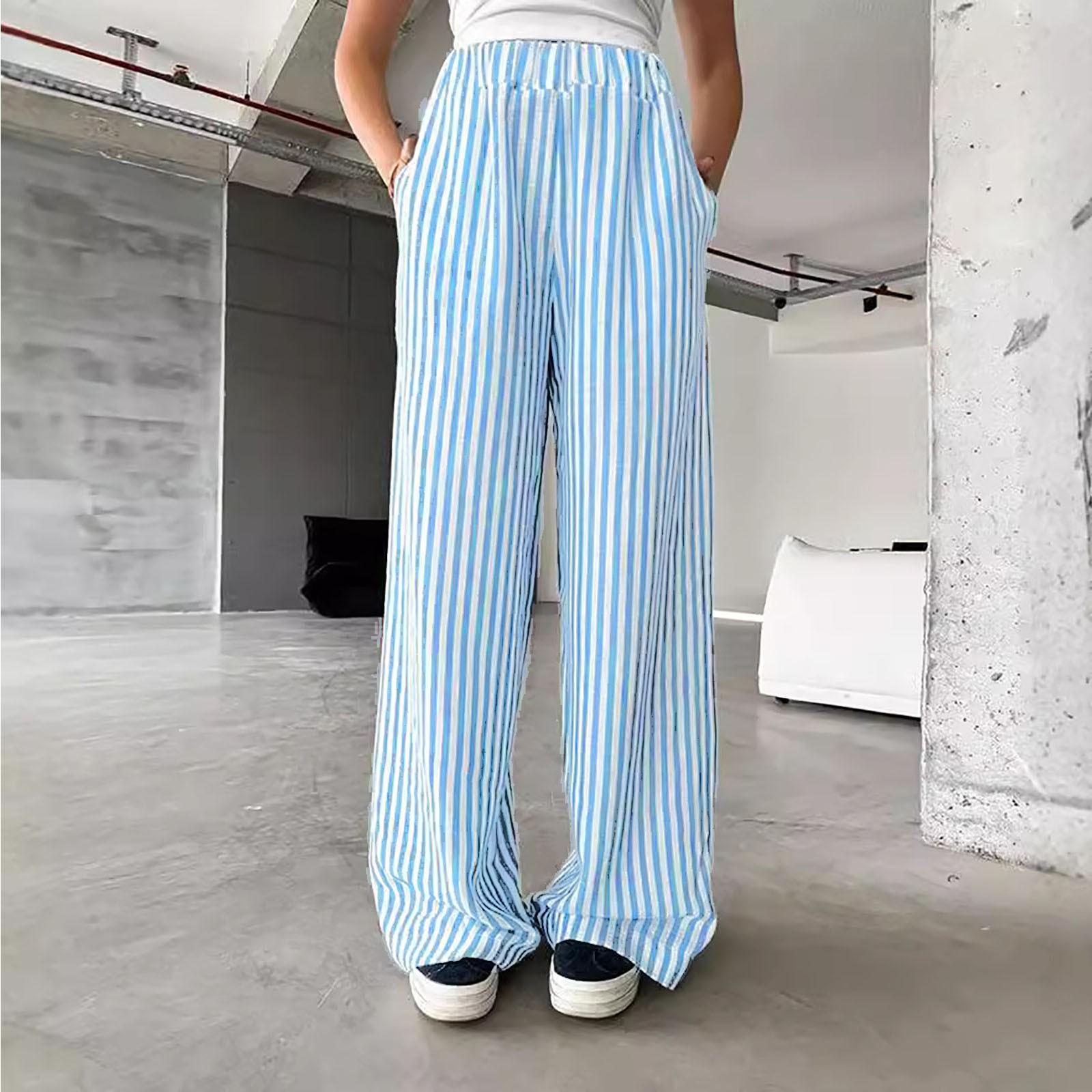 

Женские модные полосатые брюки с высокой талией и эластичным поясом S синий