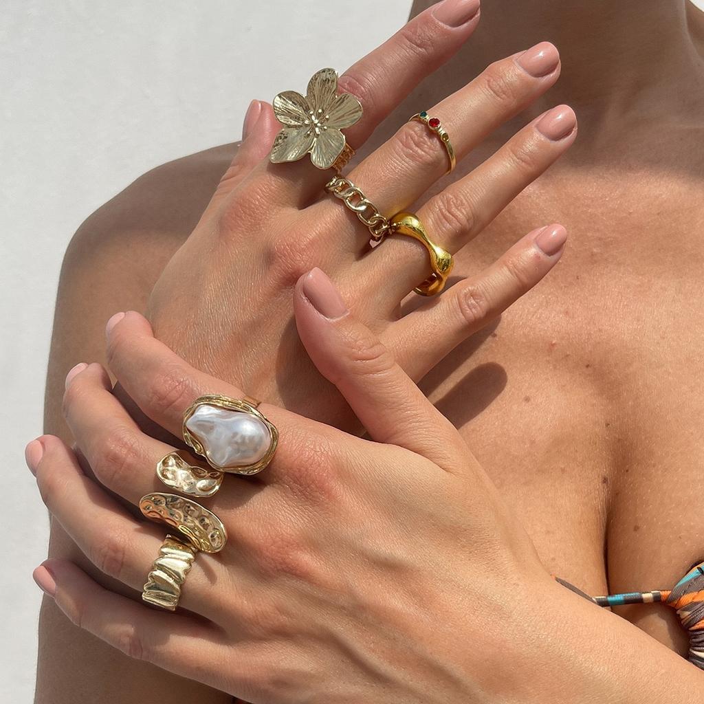 Baroque Imitation Pearl Retro Ring Design Sense Liquid Lava Flower Opening Ring