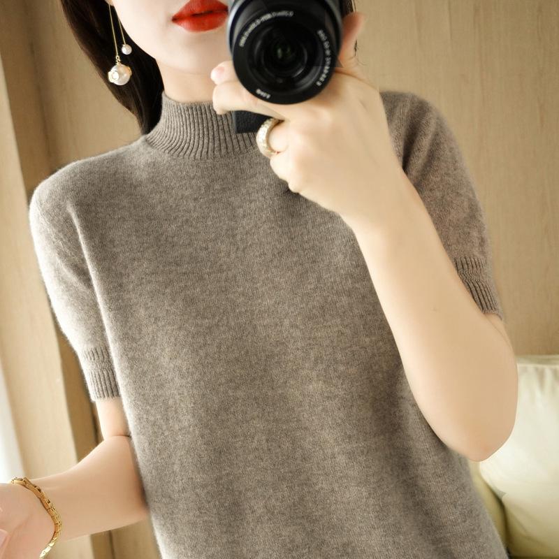 Women's Wool Blend Half High Neck Short Sleeve Sweater
