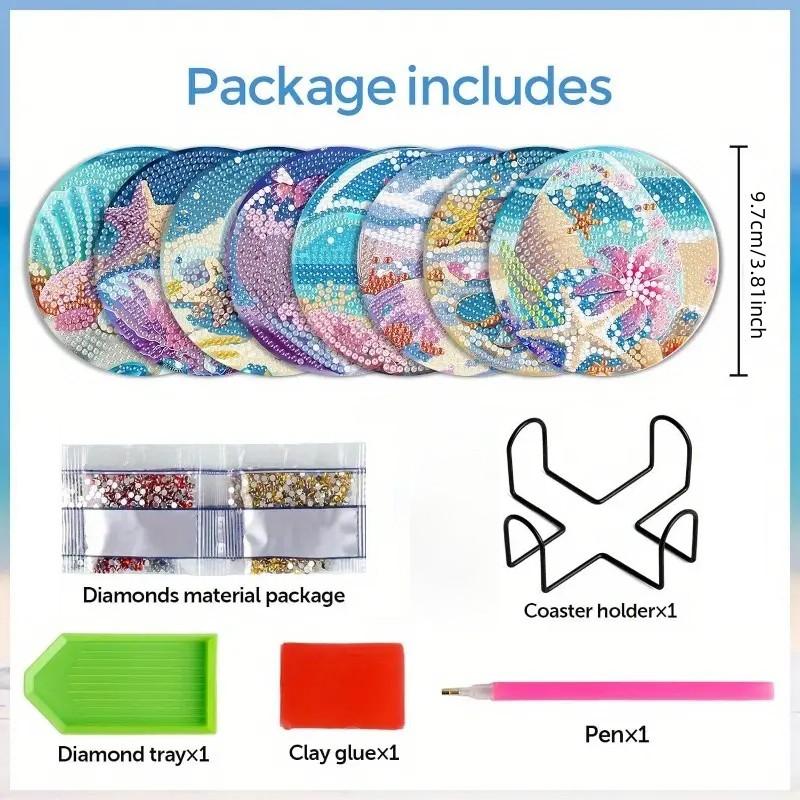 8 Pieces/set of Underwater World Animal Diamond Painted Coaster Set with Bracket DIY Coaster for Beginners and Adults, Gift of Art and Crafts Supplies