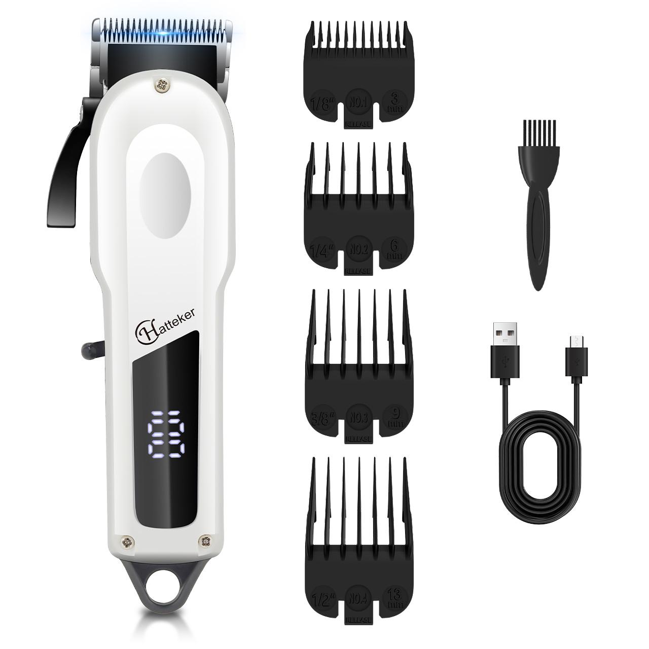 

Hatteker Профессиональная машинка для стрижки волос с интеллектуальным цифровым дисплеем, триммер для бороды, беспроводной, USB, перезаряжаемый, машинка для стрижки волос, набор для парикмахера для мужчин белый