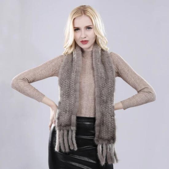 Women Hand Knitted Real Mink Fur Scarf Natural Warm Mink Fur Muffler Russia Lady Quality Tassel Genuine Mink Fur Scarves