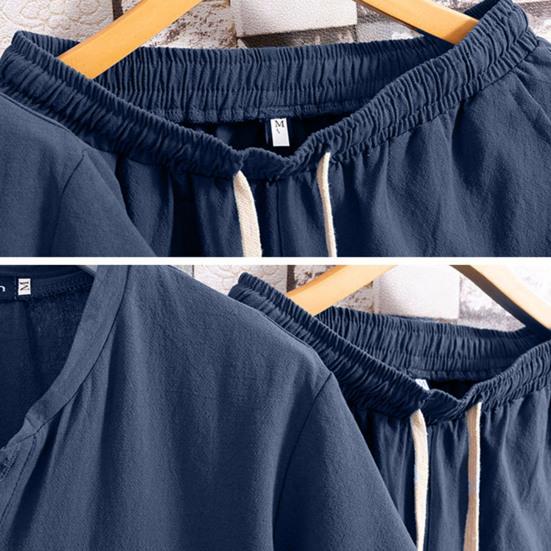 2 Pcs/Set Men T-shirt Shorts Set Solid Color Elastic Waist Loose V Neck Drawstring Homewear Deep Crotch Plus Size Casual Summer