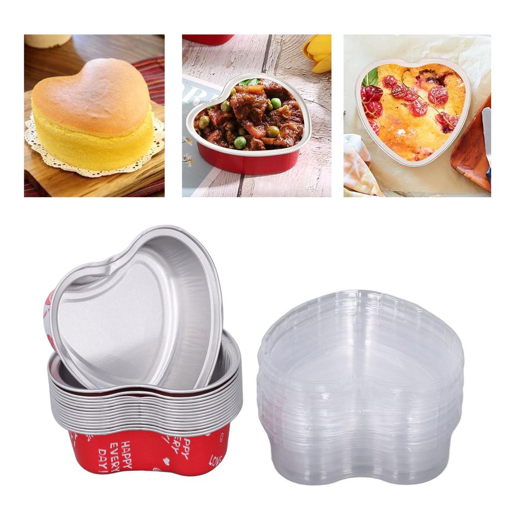 15PCS Heart Aluminum Foil Cake Pan with Clear Lids Dessert Baking Cup for Weddings Valentine Birthday Party