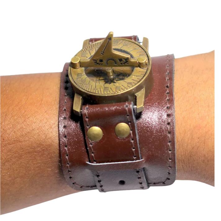 Handgefertigter Messing Kompass Sonnenuhr Armbanduhr Kompass Sonnenuhr Uhr Lederarmband