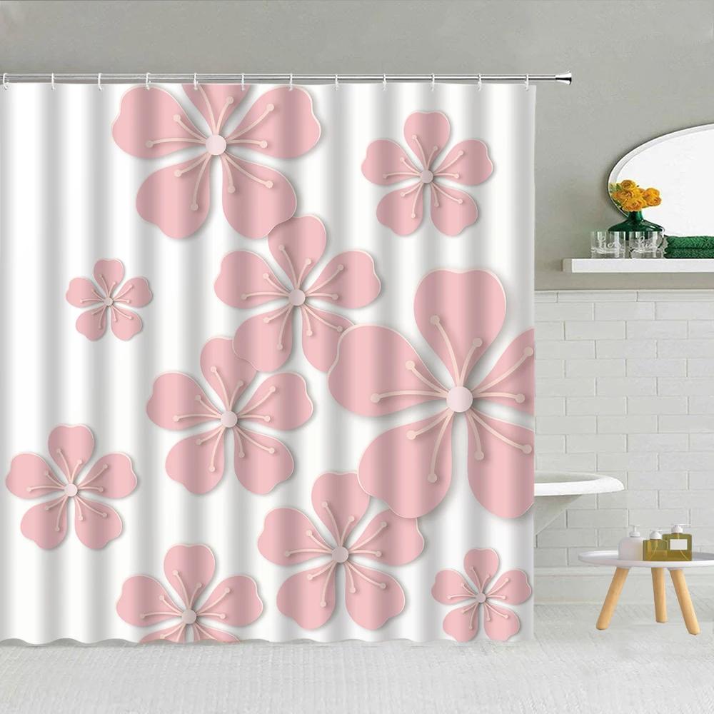 Floral Shower Curtain, Spring Nature Theme Cherry Blossom Bathroom Decor Polyester Fabric Waterproof Bath Curtain with Hooks