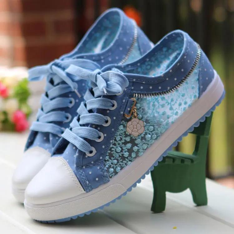 Fashion Girls Blue Canvas Shoes Lace up Women Flat Shoes Summer Mesh Women Sneakers Comfort Female Casual Footwear Flowers Ladies Shoes