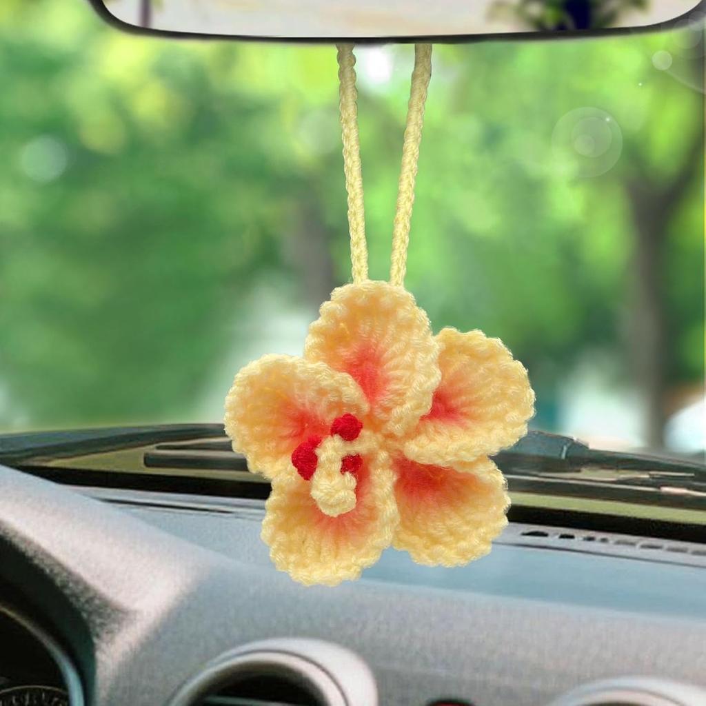 Crochet Hibiscus Flower Car Hanging Accessories for Women,Handmade Hawaiian Tropical Flower Ornament,Cute Crochet Plant for Car Rearview Mirror