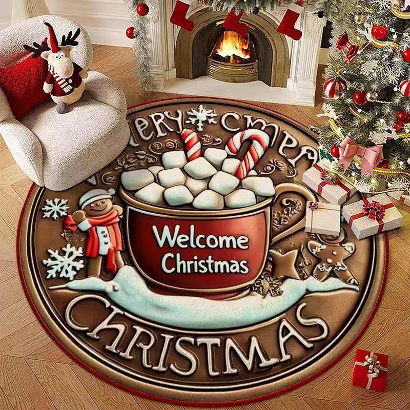 Round Christmas Area Rug, Crystal Velvet Floor Carpet with Gingerbread Print, Non Slip Dotted Back for Living Room