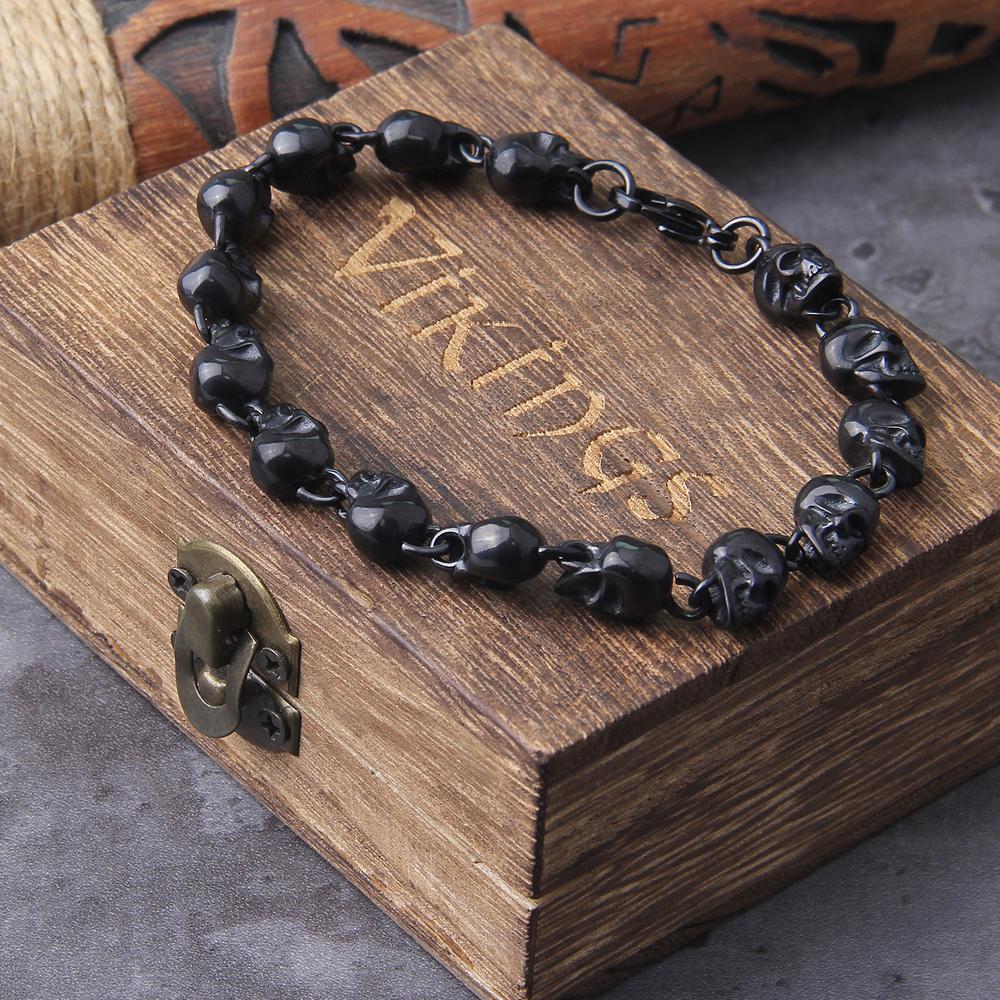 Gun Black Vintage Stainless Steel Skull Beaded Bracelet for Men Gothic Gift Wooden Box Packing