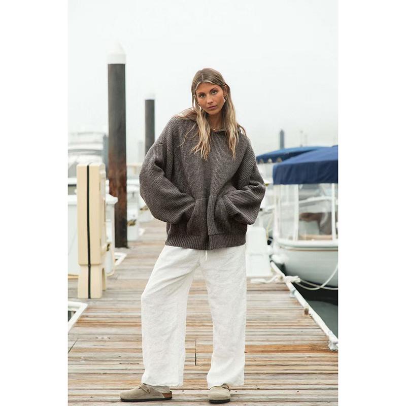 Women Loose Long Sleeve Hooded Knitted Sweater Casual Pullover Pure Color Hoodie Front Pocket Loose Fit Sweater Tops