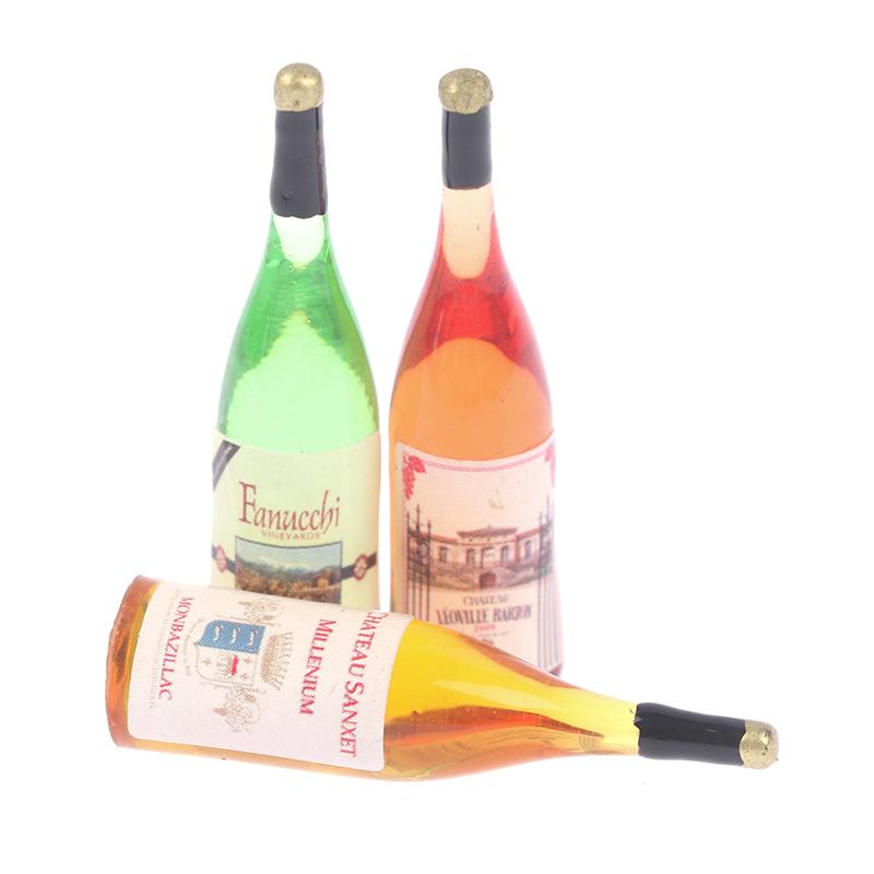 3Pcs/Set 1/12 Dollhouse Miniature Mini Simulation Wine Bottle Model Decor Toys