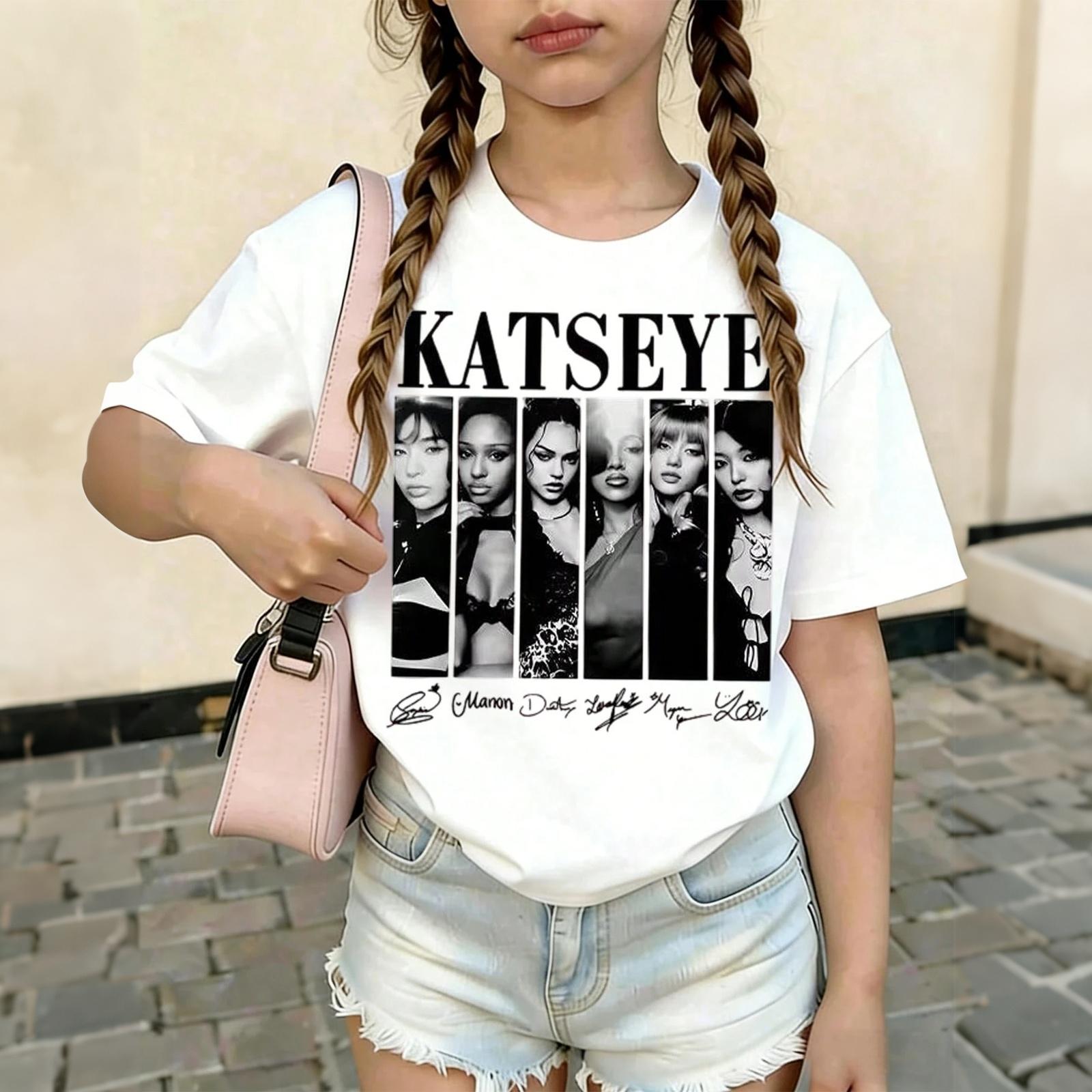 KATSEYE Kinder Grafikdruck Rundhals Kurzarm T-Shirt Lässiges Oberteil für Jungen und Mädchen Weicher Bequemer Stoff Geeignet für den Alltag 140 black