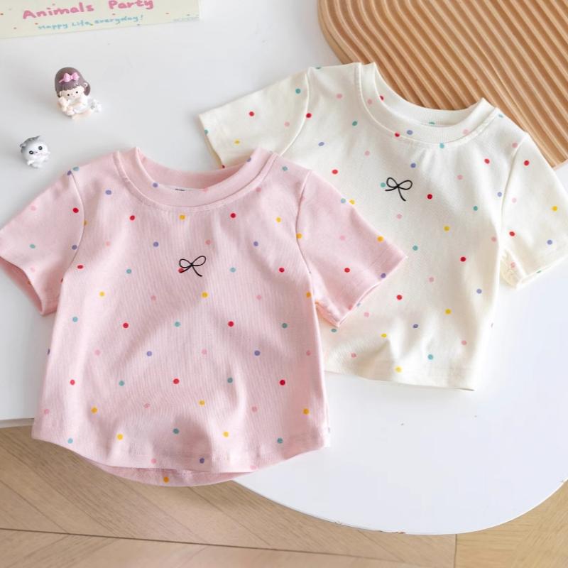 Sweet Short Sleeved Girls' T-shirt Korean Version Top Bow Polka Dot Printed Summer Cotton Children's Clothing