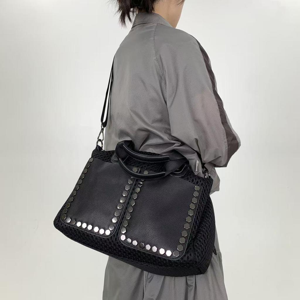 Women'S Mesh Splicing Leather Handbag Large Capacity Retro Rivet Messenger Bag