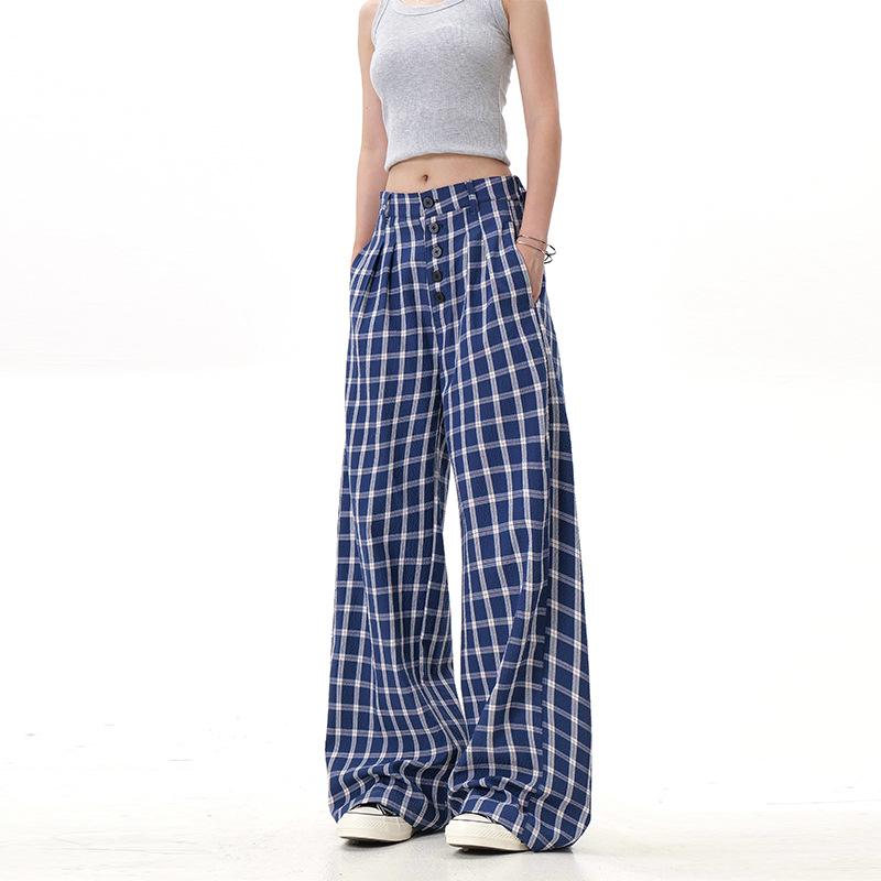 Women's Retro Plaid 2025 Wide-Leg Pants with Button Design, Floor-Length, Zhao Lusi Style