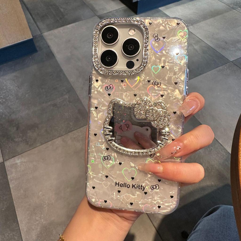 Luxury Shell Pattern Cat Mirror iPhone 17 Pro Max Case with Rhinestone Frame