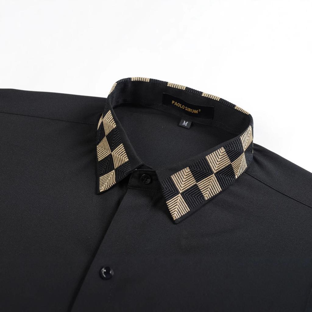 Camisas de Hombre de Manga Larga Bordadas de Moda Versátil de Solapa de Manga Larga Casual Cardigan de Empalme de Botones